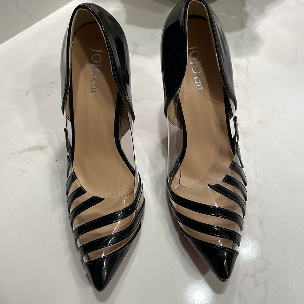 RED SOLES…Sexy Jojo Cat heels: black patent PVC stripe
